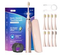 seago brosse à dent électrique sonique, brosse a dent electrique rechargeable avec capteur de pression intégré, minuteur, 5 modes avec 8 têtes,étui de voyage(Rose)