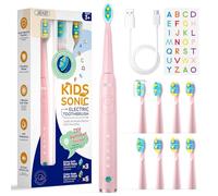 Seago brosse a dent enfant,brosse à dent électrique recharge avec autocollants amusants DIY, brosse a dent electrique, minuterie de 2 minutes, 4 têtes de brosse (Rosa)