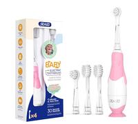 Seago Brosse à Dents électrique pour Enfants de 6 mois à 4 ans,étanche, Minuterie Intelligente,Lampes à LED de Couleur et 4 têtes de Brosse,Batterie Brosse à Dents Pour Bébé à Piles SG513 (Pink)