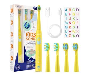 Seago brosse à dents électrique rechargeable pour enfants, brosse à dents électrique enfant avec autocollants DIY drôles, minuterie de 2 minutes, 4 têtes de brosse SG2303(jaune）