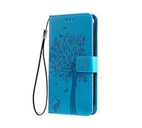 SEAHAI Coque pour Huawei Nova Y61 Etui Portefeuille, Joli Rétro Feuilles et Chat Embossée Premium PU Cuir Housse Flip Cover, Étui Antichoc Case, Bleu