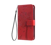 SEAHAI Coque pour Oppo A40 4G / Oppo A40M / Oppo A60 5G Etui Portefeuille, Joli Rétro Feuilles et Chat Embossée Premium PU Cuir Housse Flip Cover, Étui Antichoc Case, Rouge