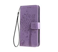 SEAHAI Coque pour Oppo A57s / Oppo A57 4G Etui Portefeuille, Joli Rétro Feuilles et Chat Embossée Premium PU Cuir Housse Flip Cover, Étui Antichoc Case, Lavande