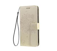 SEAHAI Coque pour Oppo A5M / Oppo A5 5G/4G Etui Portefeuille, Joli Rétro Feuilles et Chat Embossée Premium PU Cuir Housse Flip Cover, Étui Antichoc Case, Or