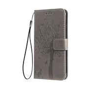 SEAHAI Coque pour Oppo A5M / Oppo A5 5G/4G Etui Portefeuille, Joli Rétro Feuilles et Chat Embossée Premium PU Cuir Housse Flip Cover, Étui Antichoc Case, Gris