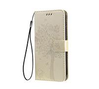 SEAHAI Coque pour Xiaomi Redmi 14C / Xiaomi Poco C75 Etui Portefeuille, Joli Rétro Feuilles et Chat Embossée Premium PU Cuir Housse Flip Cover, Étui Antichoc Case, Or