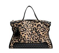 SeaHug Grand portefeuille léopard, sac fourre-tout pour femme avec rivets, imprimé animal et guépard, sac à bandoulière punk, sacoche, pompon, rivet, Noir , L