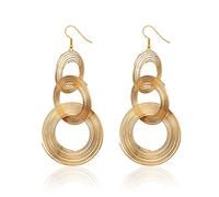 Seakuur Boucles d'oreilles pendantes faites à la main à 3 cercles plaqué or - Longues boucles d'oreilles pendantes style disco des années 70 - Pour femme, Acier inoxydable