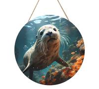 Seal Pup in Water Round Wood Panel Painting 30,5 cm Exquise Artwork Eco Friendly Wood Un choix élégant pour la décoration de la maison.