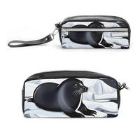 Seals on Ice - Trousse à crayons en cuir de grande capacité avec fermeture éclair, petite trousse de maquillage portable, organisateur de fournitures de bureau pour homme et femme