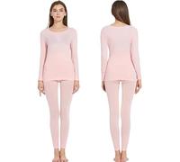 Seamless Elastic Thermal Inner Wear for Women, Ultra-Thin Crewneck Soft Elastic Self-Heating Thermal Inner Wear Set (Pink,L)