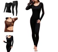 Seamless Elastic Thermal Inner Wear,Women's Ultra-Thin Warm Underwear,High Stretchy Soft Base Layer Sets with Built-in Bra (Black, L)