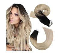 Seamless Tape in Hair Extensions, Extensions de cheveux humains blonds - Mélange de noir ombré à blond cendré avec ruban blond platine - Extensions de cheveux humains Remy lisses - 30,5 à 61 cm,Perfe
