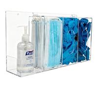 SEANADO Station d’Hygiène Murale en Acrylique - Distributeur de Gel Hydroalcoolique & Gants Jetables avec Couvercle, 4 Compartiments pour Masques, Charlottes & Surchaussures