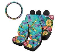 SEANATIVE Accessoires de protection de siège souples et flexibles 4 PIÈCES/Ensemble Housses de siège avant et arrière avec housse de volant antidérapante Style hawaïen Fleur d'hibiscus et libellule