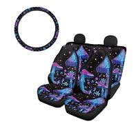 SEANATIVE Ensemble complet de housses pour sièges avant et arrière + Housse de volant antidérapante 5 pièces Motif champignon et escargot mignon Décoration intérieure pour la plupart des voitures, SUV