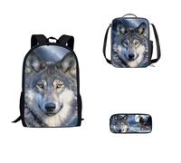 SEANATIVE Ensemble de 3 sacs à bandoulière pour enfants, adolescents, filles, garçons, sac à dos léger avec boîte à déjeuner et trousse à stylos, Imprimé loup noir, Taille unique