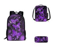 SEANATIVE Ensemble de 3 sacs à bandoulière pour enfants, adolescents, filles, garçons, sac à dos léger avec boîte à déjeuner et trousse à stylos, Papillon violet, Taille unique