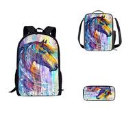 SEANATIVE Ensemble de 3 sacs à bandoulière pour enfants, adolescents, filles, garçons, sac à dos léger avec boîte à déjeuner et trousse à stylos, Cheval aquarelle., Taille unique