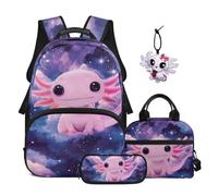 SEANATIVE Ensemble de 4 pièces avec sac à dos pour enfants avec sac à déjeuner, Axolotl noir, Sac à dos tyrolien