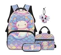 SEANATIVE Ensemble de 4 sacs à dos d'école pour enfants de 9 à 12 ans, Axolotl à écailles arc-en-ciel, Sac à dos tyrolien