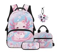 SEANATIVE Ensemble de 4 sacs à dos d'école pour enfants de 9 à 12 ans, Axolotl en fleurs de cerisier, Sac à dos tyrolien
