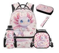 SEANATIVE Ensemble de 5 sacs à dos pour enfants avec sac à déjeuner isotherme Motif dessin animé, Axolotl cerise rose clair, Sac à dos tyrolien