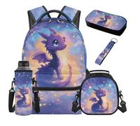 SEANATIVE Ensemble de 5 sacs à dos pour enfants avec sac à déjeuner isotherme Motif dessin animé, Dragon étoilé violet, Sac à dos tyrolien