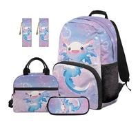 SEANATIVE Ensemble de 5 sacs à dos pour enfants de 9 à 12 ans avec sac à déjeuner, Axolotl bleu, Sac à dos tyrolien