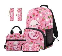 SEANATIVE Ensemble sac à dos et boîte à déjeuner pour enfants, motif dessin animé, 5 pièces, Axolotl aux fraises, Sac à dos tyrolien