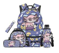 SEANATIVE Ensemble sac à dos pour 9-12 ans 5 pièces avec sac à déjeuner, Axolotl Chiffre Bleu, Sac à dos tyrolien