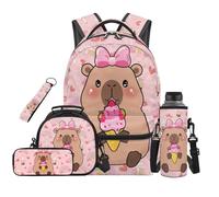 SEANATIVE Ensemble sac à dos pour 9-12 ans 5 pièces avec sac à déjeuner, Crème glacée rose Capybara, Sac à dos tyrolien