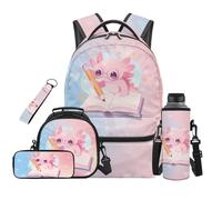 SEANATIVE Ensemble sac à dos pour 9-12 ans 5 pièces avec sac à déjeuner, Imprimé axolotl rose, Sac à dos tyrolien