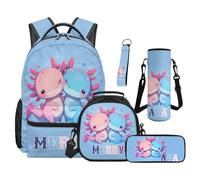 SEANATIVE Ensemble sac à dos pour enfants de 9 à 12 ans, 5 pièces avec sac à déjeuner isotherme et trousse à crayons, Imprimé Axolotl, Sac à dos tyrolien