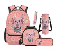SEANATIVE Ensemble sac à dos pour enfants de 9 à 12 ans, 5 pièces avec sac à déjeuner isotherme et trousse à crayons, Adorable Axolotl., Sac à dos tyrolien