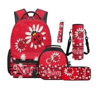 SEANATIVE Ensemble sac à dos pour enfants de 9 à 12 ans, 5 pièces avec sac à déjeuner isotherme et trousse à crayons, Imprimé coccinelle marguerite, Sac à dos tyrolien