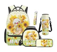 SEANATIVE Ensemble sac à dos pour enfants de 9 à 12 ans, 5 pièces avec sac à déjeuner isotherme et trousse à crayons, Axolotl de tournesol, Sac à dos tyrolien