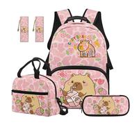 SEANATIVE Ensemble sac à dos pour enfants de 9 à 12 ans, sac à dos 5 pièces avec sac à déjeuner isotherme, Capybara aux fraises, Sac à dos tyrolien
