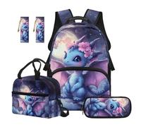 SEANATIVE Ensemble sac à dos pour enfants de 9 à 12 ans, sac à dos 5 pièces avec sac à déjeuner isotherme, Dragon Bleu, Sac à dos tyrolien