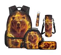 SEANATIVE Ensemble sac à dos pour garçons de 9 à 12 ans 5 pièces, Ours de feu orange, Sac à dos tyrolien
