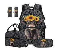 SEANATIVE Ensemble sac à dos pour garçons de 9 à 12 ans avec boîte à déjeuner, Imprimé léopard vache Highland, Sac à dos tyrolien