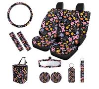 SEANATIVE Housse de siège de voiture à motif floral avec ruban rose pour femme, dessous de verre, sac poubelle, housse de volant, coussinets de ceinture de sécurité, protection de rétroviseur