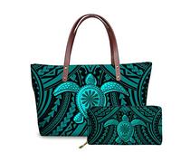 SEANATIVE Lot de 2 sacs à main et portefeuille pour femme avec imprimé tortue polynésienne - Sac à bandoulière résistant avec poignée supérieure - Sac d'école pour femme et fille
