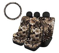 SEANATIVE Lot de 4 housses de siège auto avec motif hibiscus brun de style hawaïen, enveloppe de volant, protecteur intérieur de véhicule, accessoires de siège pour cadeau pour femmes et dames
