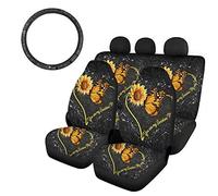 SEANATIVE Lot de 4 housses de siège de voiture universelles avec motif tournesol et papillon en forme de cœur + housse de volant