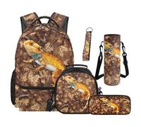 SEANATIVE Lot de 5 sacs à dos avec sac à déjeuner isotherme Motif dessin animé, Dragon barbu marron, Sac à dos tyrolien
