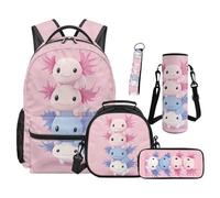 SEANATIVE Lot de 5 sacs à dos pour enfants de 9 à 12 ans avec sac à déjeuner isotherme, Axolotl rose, Sac à dos tyrolien