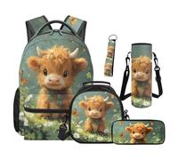 SEANATIVE Lot de 5 sacs à dos pour enfants de 9 à 12 ans avec sac à déjeuner isotherme, Vache verte Highland, Sac à dos tyrolien