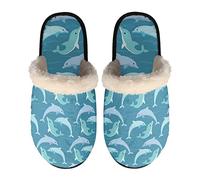 SEANATIVE Pantoufles en mousse à mémoire de forme pour femmes et hommes - Style décontracté - Imprimées de dauphins bleus - Chaudes - Pour la chambre - Hiver - Chaussures de maison - Unisexes
