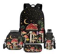SEANATIVE Sac à dos 4 pièces pour enfants avec sac à déjeuner, housse pour tasse d'eau et trousse à crayons, sac à dos à fermeture éclair pour ordinateur portable, Champignon rouge., Sacs à dos